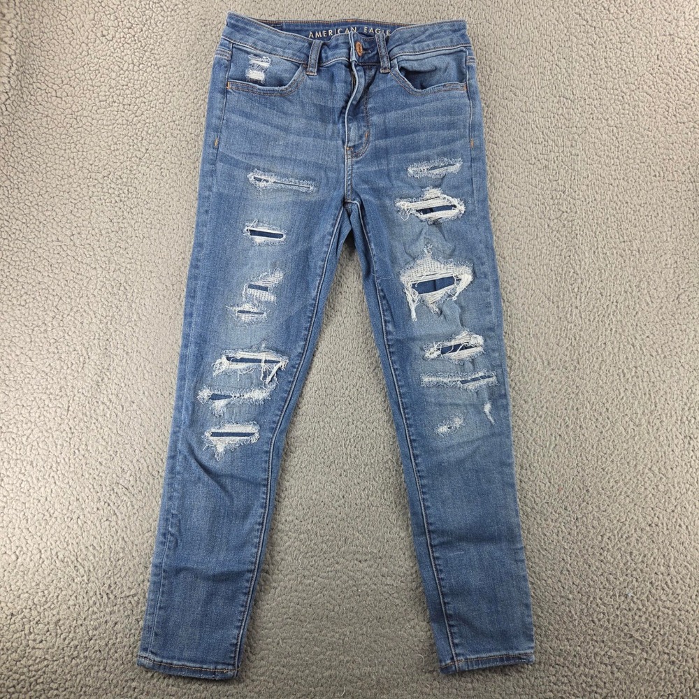 American Eagle Jeans Women 6 Blue High Rise Denim Crop Heavily Distressed Ripped